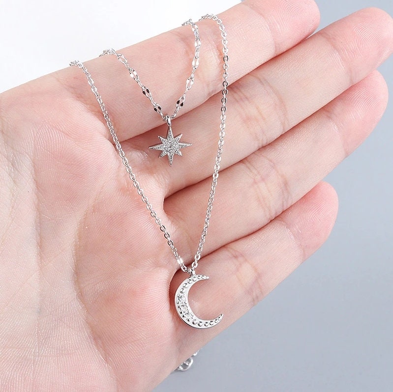 Sterling Silver Moon Necklace Moon and Star Necklace Silver Etsy