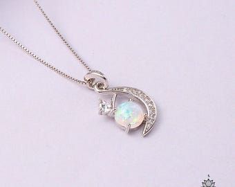 Opal Moon Necklace: Sterling Silver Crystal Pendant, Birthstone Jewelry