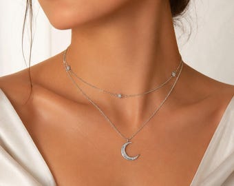 Sterling Silver Crescent Moon Necklace, Layered Star Choker, Black CZ Celestial Jewelry