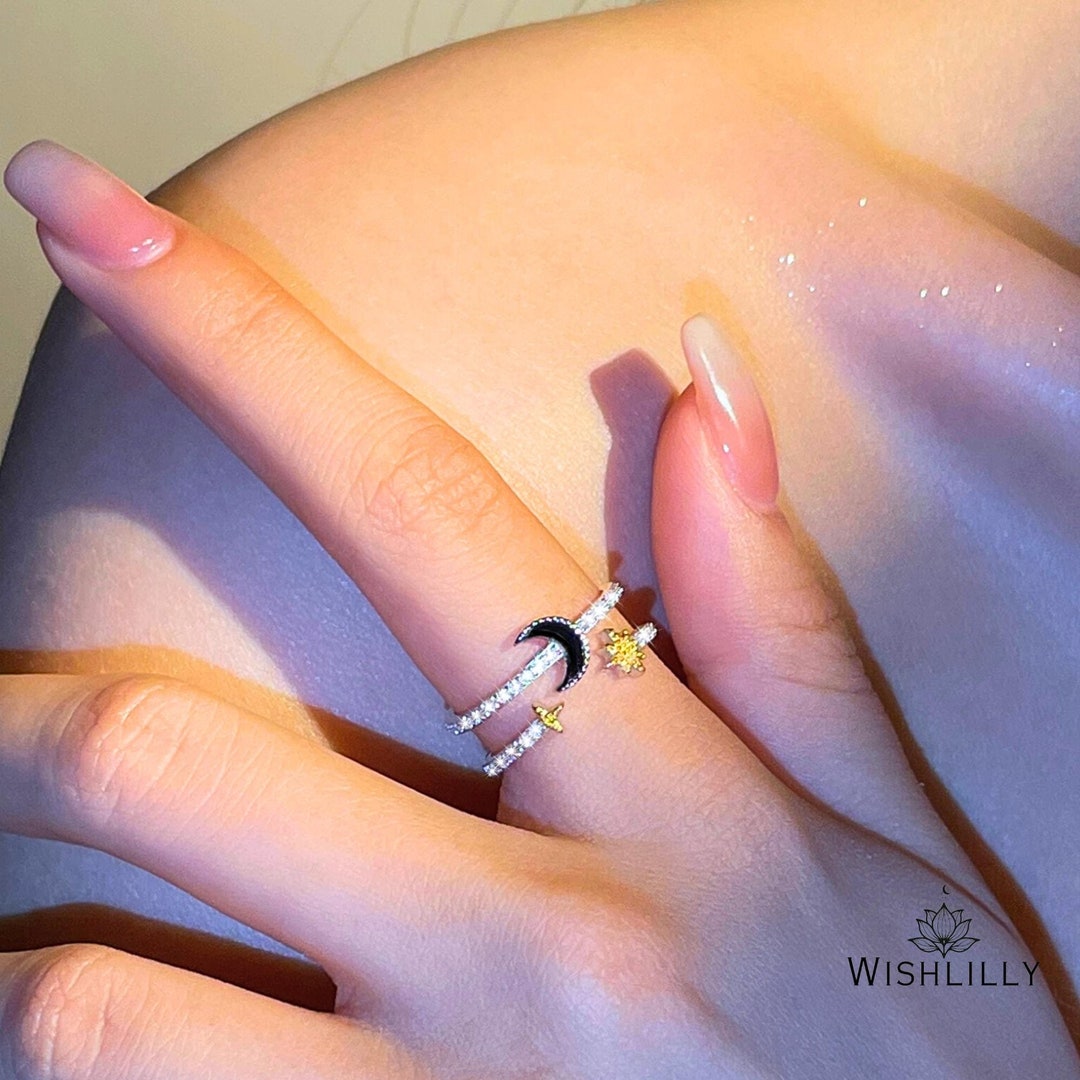 Silver Moon and Star Ring by Wishlilly • Crystal Pave Crescent