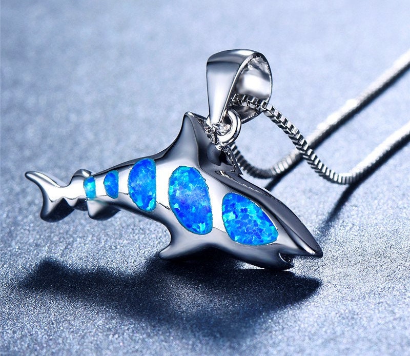 Silver Blue Fire Opal Necklace Shark Jewelry Opal Jewelry Shark