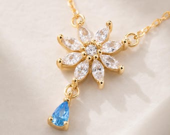 Gold-Finished Blue CZ Flower Necklace, Sterling Silver Pendant