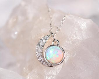 Sterling Silver Opal Crescent Moon Necklace with CZ Accents