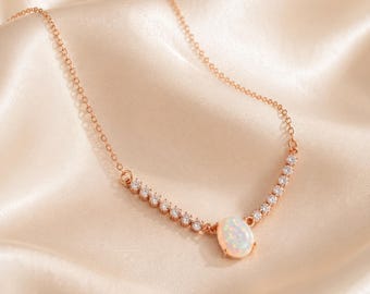 Rose Gold Opal Curved Bar Necklace with CZ Accents
