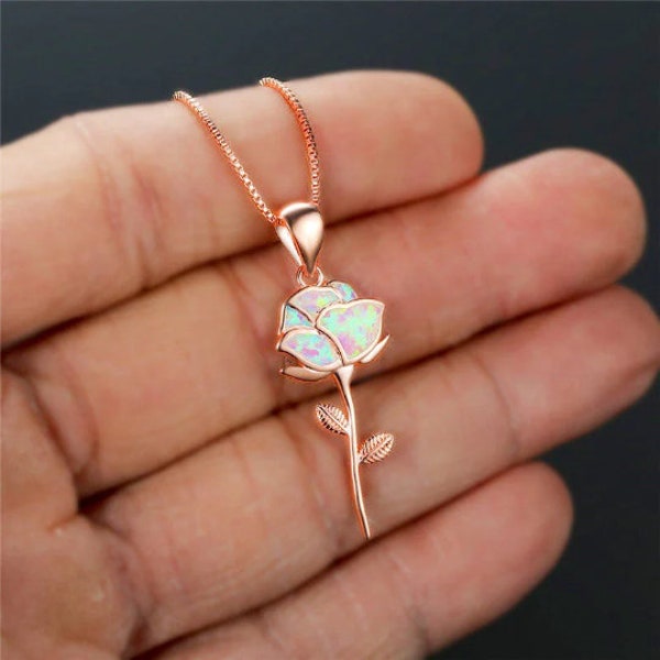 Rose Gold Rose Necklace Flower Jewelry Flower Necklace Rose Jewelry Opal Jewelry Opal Necklace Rose Opal Necklace
