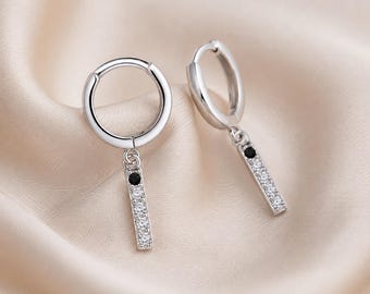 Sterling Silver CZ Huggie Earrings with Black Pave Bar Drops