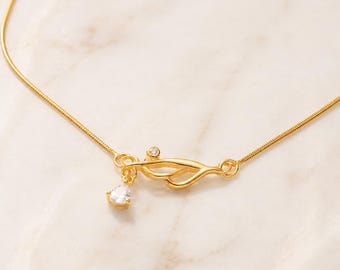 Gold Leaf Necklace with Teardrop CZ, Dainty Botanical Pendant