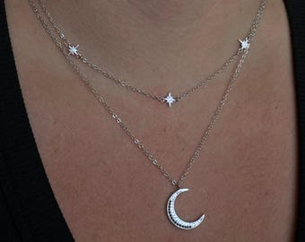 Sterling Silver Crescent Moon and Star Layered Necklace with Cubic Zirconia