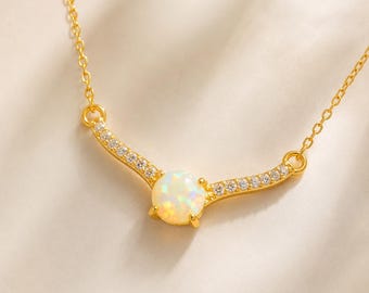 Gold Vermeil Opal Curved Bar Necklace with CZ Accents