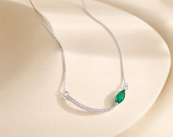 Sterling Silver Emerald Marquise Necklace with CZ Curved Bar