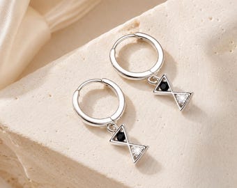 Sterling Silver Triangle Huggie Earrings with Black and Clear CZ