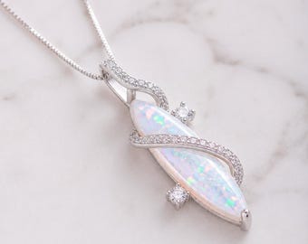 Opal Statement Necklace, Sterling Silver or Gold Finish with CZ Accents