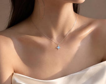 Opalite Star Necklace Sterling Silver, Celestial CZ North Star Pendant, Dainty Gift for Her