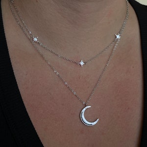 Sterling Silver Layered Crescent Moon and Star Necklace Set by Wishlilly • Celestial Moon Phase Jewelry • Gift for Her • Gifts for Mom •