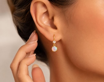 White Opal CZ Drop Earrings, Sterling Silver Gold Vermeil, Dainty Bridal Jewelry