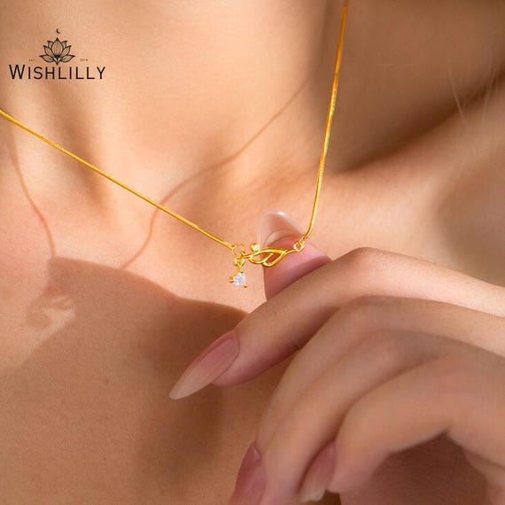 Dainty Gold Willow Necklace, Minimalist Nature Pendant with Cubic Zirconia in Gold Plated Sterling Silver