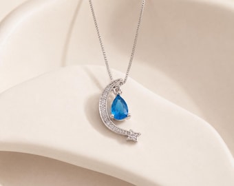 Sapphire Blue Crescent Moon Necklace, Sterling Silver CZ Pendant