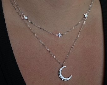 925 Sterling Silver Diamond Layered Moon and Star Necklace Set by Wishlilly • Pave Celestial Crescent Moon Phase Jewelry • Gifts for Her •