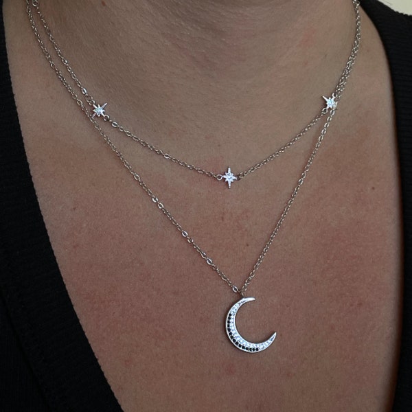 Silver Diamond Layered Moon and Star Necklace Set by Wishlilly • Pave Celestial Crescent Moon Phase Jewelry • Gifts for Her •