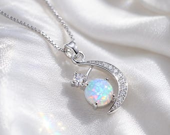 Opal Moon Necklace, Sterling Silver Crescent Pendant, CZ Celestial Gift, 18K Gold Vermeil