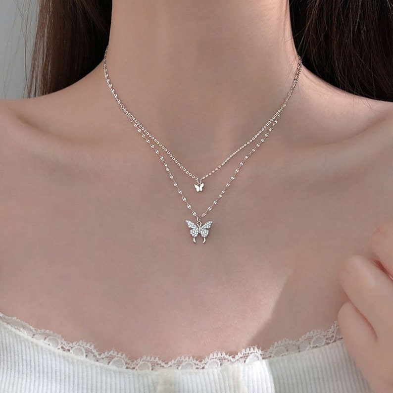 Silver Pavé Butterfly Necklace • Double Layered Butterfly Gifts • Butterfly Jewelry For Her Silver Pavé Necklace 