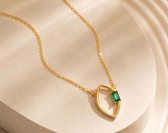 Emerald Green Geometric Necklace, Gold-Finished Sterling Silver