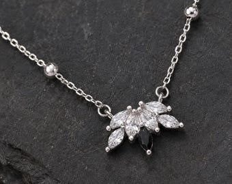 Sterling Silver Leaf Necklace with Black and Clear Marquise CZ