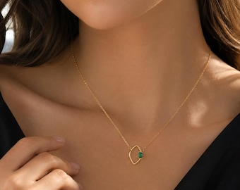 18K Gold Emerald Necklace, Dainty Emerald Jewelry for Her, Green Crystal Gold Jewelry