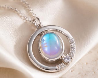 Sterling Silver Opalite Circle Necklace with CZ Accents