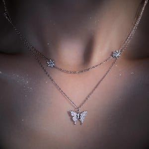 Sterling Silver Layered Butterfly Necklace • Cubic Zirconia Pendant