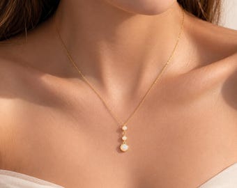 Opal Necklace, Gold Opal Drop Pendant, Dainty 3 Stone 18K Vermeil Gift for Her