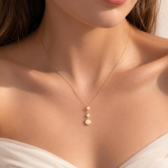 Opal Necklace, Gold Opal Drop Pendant, Dainty 3 Stone 18K Vermeil Gift for Her