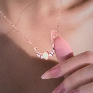 Rose Gold Opal Crown Pendant Necklace: Sterling Silver CZ Halo