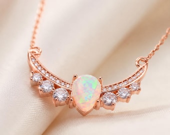 Rose Gold Opal Crescent Moon Necklace with CZ Accents