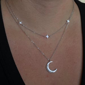 Sterling Silver Crescent Moon and Star Necklace Set: Cubic Zirconia Celestial Jewelry