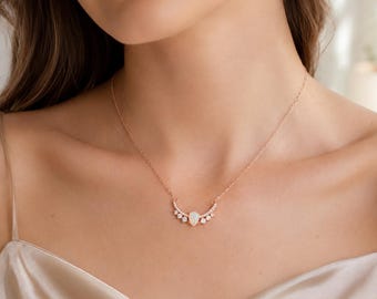 Rose Gold Opal Crescent Necklace, Dainty Moon Pendant, October Birthstone Gift