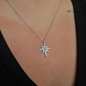 Sterling Silver Star Necklace, Cubic Zirconia North Star Pendant, Blue Zircon Accent Jewelry