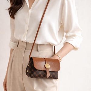 Può includere: Borsa a tracolla marrone e beige con chiusura a patta e dettagli dorati. La borsa presenta un motivo geometrico ripetuto sul corpo e una patta marrone tinta unita. La tracolla è sottile e abbinata.