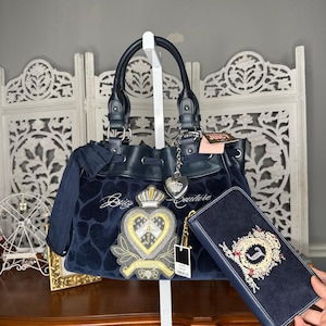 Juicy Couture Daydreamer Bag Navy Blue Velour and Wallet Set