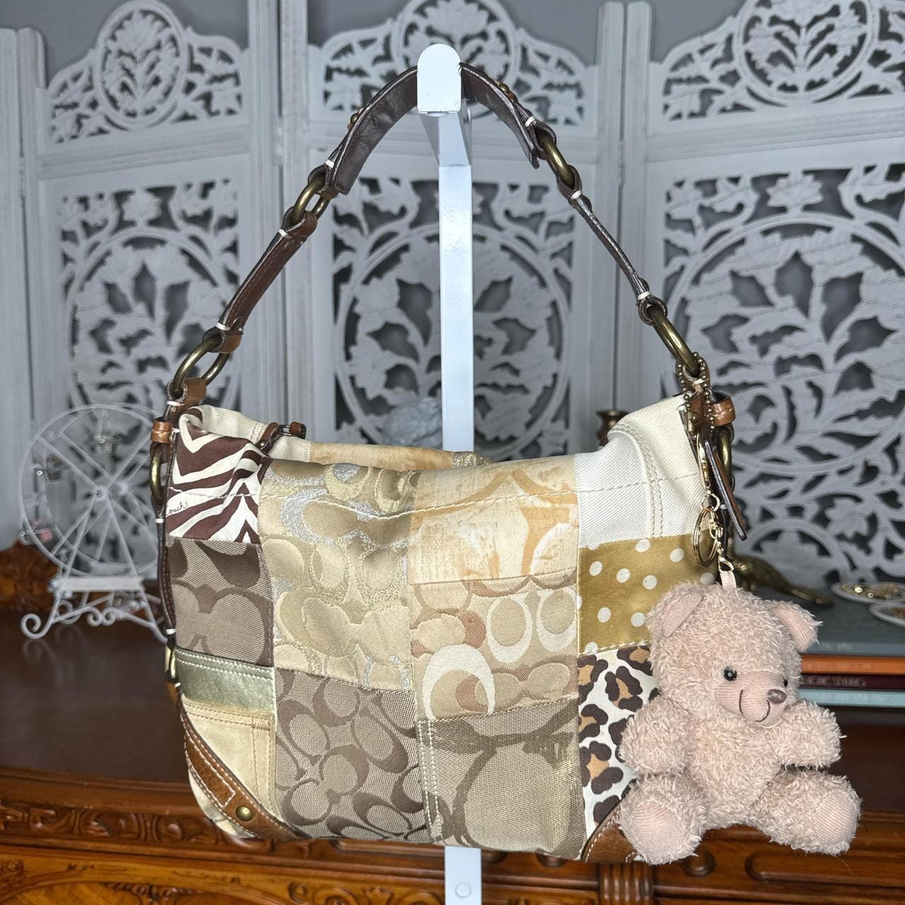 Coach Vintage Carly 10814 Brown Leather & Canvas Patchwork Hobo Shoulder Bag