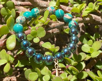 Electric Blue/Green Hematite & Imperial Jasper energy protection Bracelet with brass Ankh