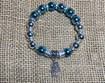 Electric Blue/Green Hematite & Sterling Silver plated  Hematite  EMF/5G protection/grounding   Bracelet with Hamsa pendant