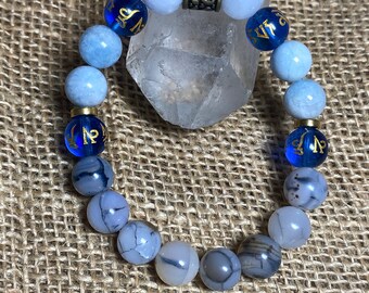 Aquamarine, Blue Sea Glass Mantra beads, Rutilated White Agate & Gold plated Hematite calming/grounding  healing Bracelet