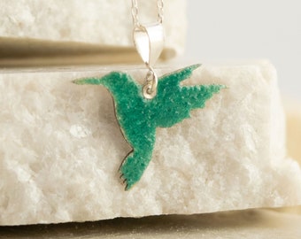 Green hummingbird pendant handmade with silver and fire enamel, Flying bird necklace, Fire vitreous enamel jewelry