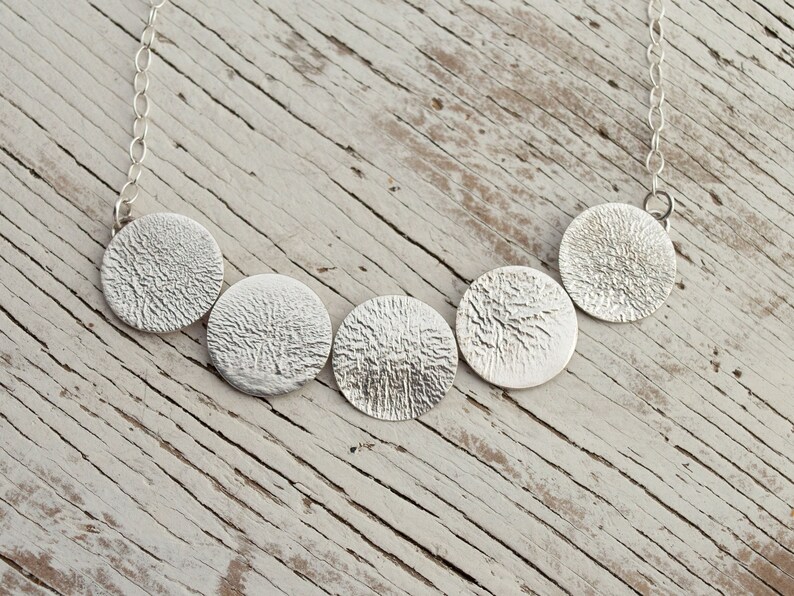 Textured statement necklace, Reticulated silver disc pendant, geometric rustic silver necklace, Modern contemporary jewelry image 2