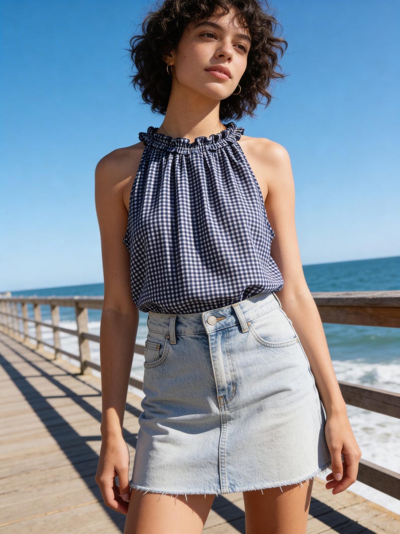 Pu&ograve; includere: Un top halter a quadretti blu navy e bianco con scollatura arricciata e una gonna di jeans azzurra. La gonna ha un orlo grezzo. L'outfit &egrave; indossato all'aperto vicino al mare.