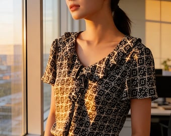 Ladies Classic Black Patterned Ruffle Neck Blouse (inv# 255)