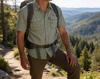 Men's 10,000 Above Sea Level Label Green Plaid Short-Sleeve Hiking Shirt