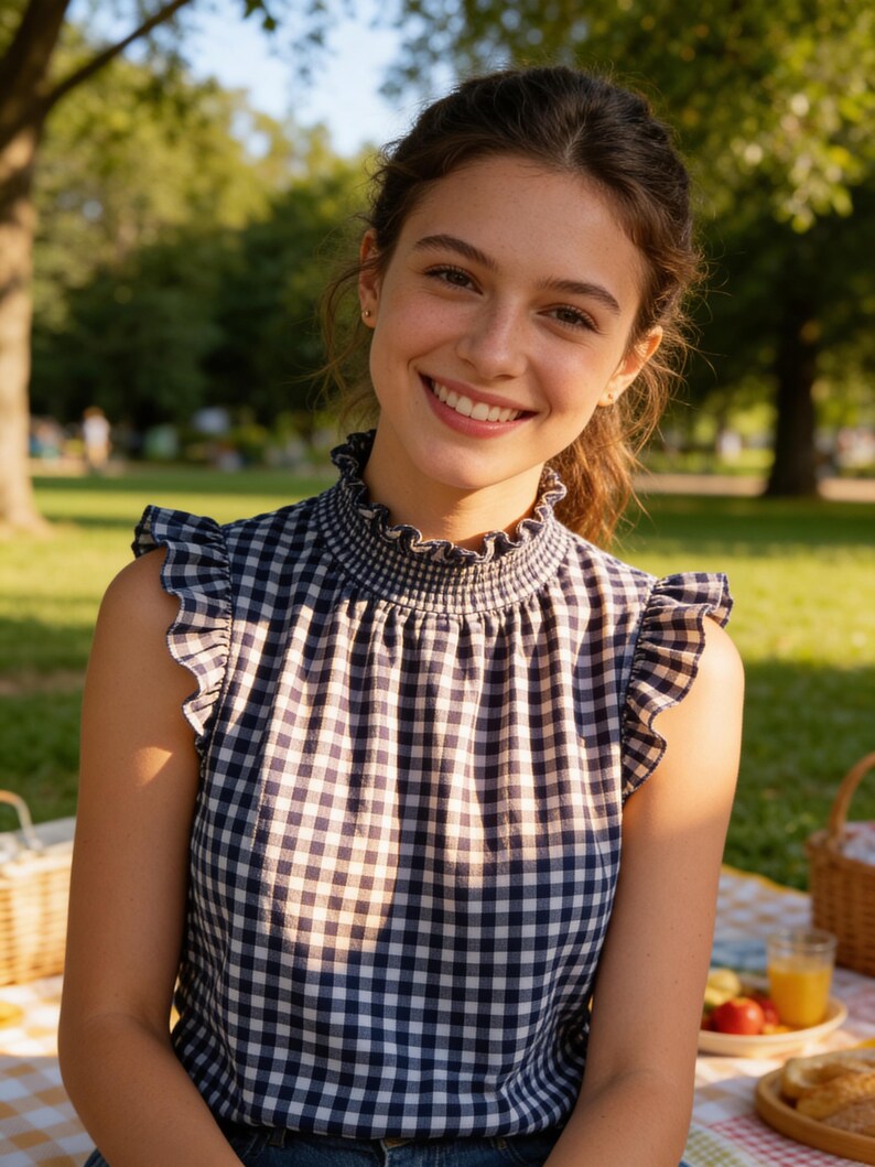Pu&ograve; includere: Un top senza maniche con un motivo a quadretti vichy blu navy e bianco. Il top ha uno scollo e giromanica a balze. La persona sorride in un ambiente di parco con alberi e un cestino da picnic sullo sfondo.