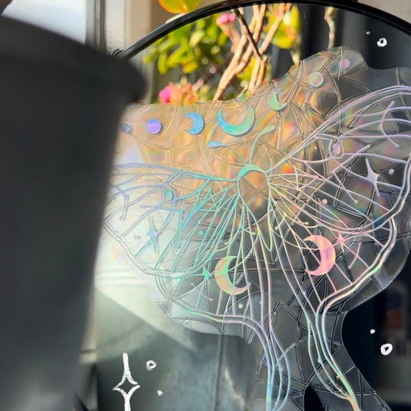 Moon Moth Suncatcher | Autocollant de fenêtre, autocollant, arcs-en-ciel, holographique, Suncatcher, Sun catcher pour une fenêtre, Rainbow suncatcher